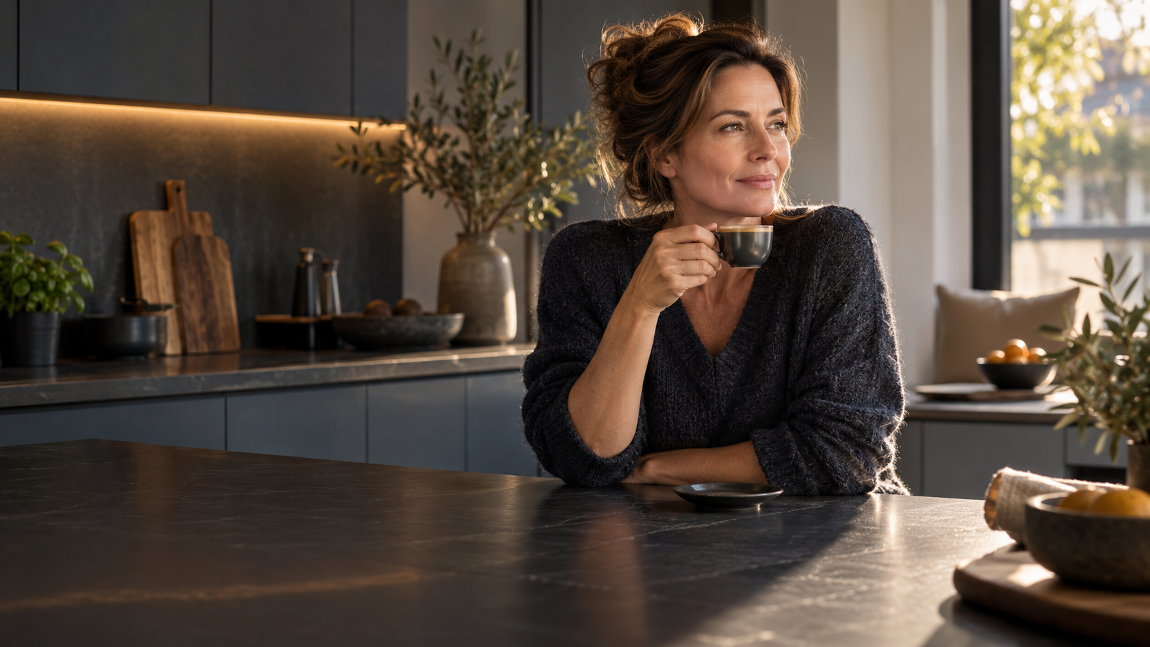 Frau genießt Espresso in ihrer Küche
