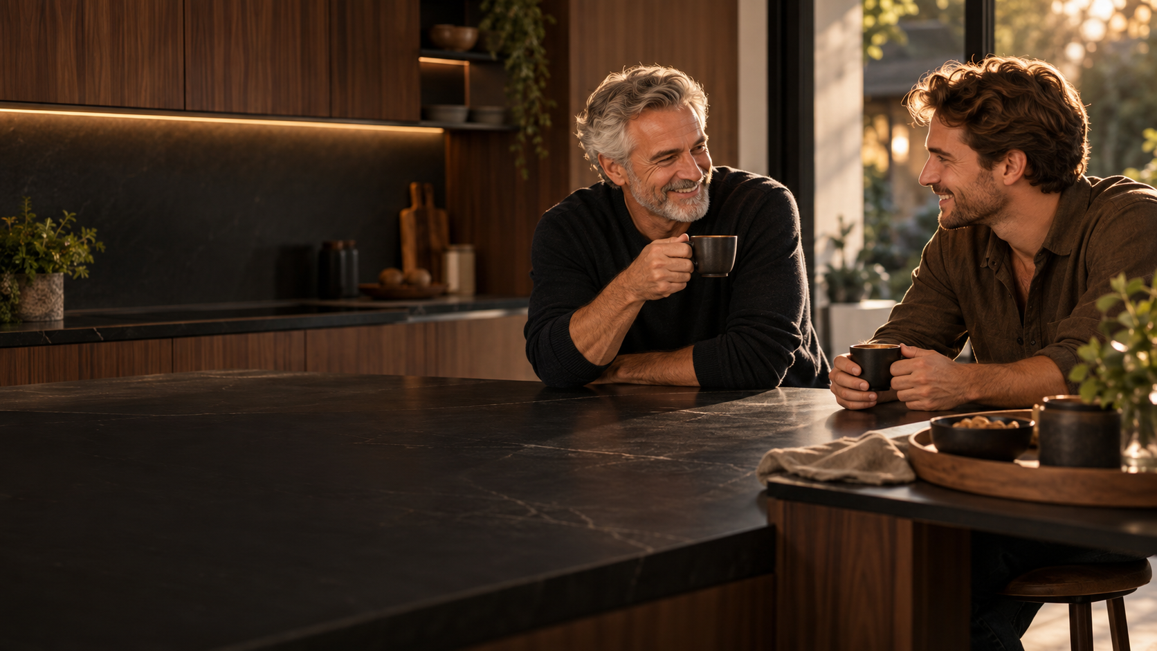Zwei Freunde genießen Kaffee in einer modernen Küche