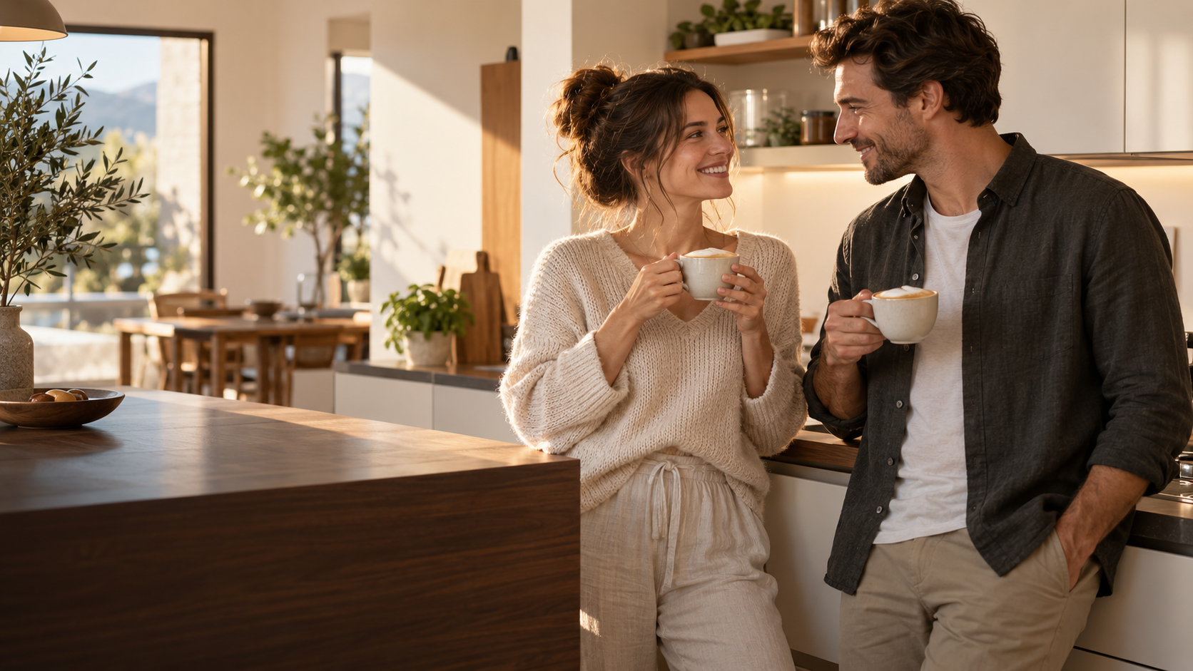 Paar genießt Cappuccino zu Hause